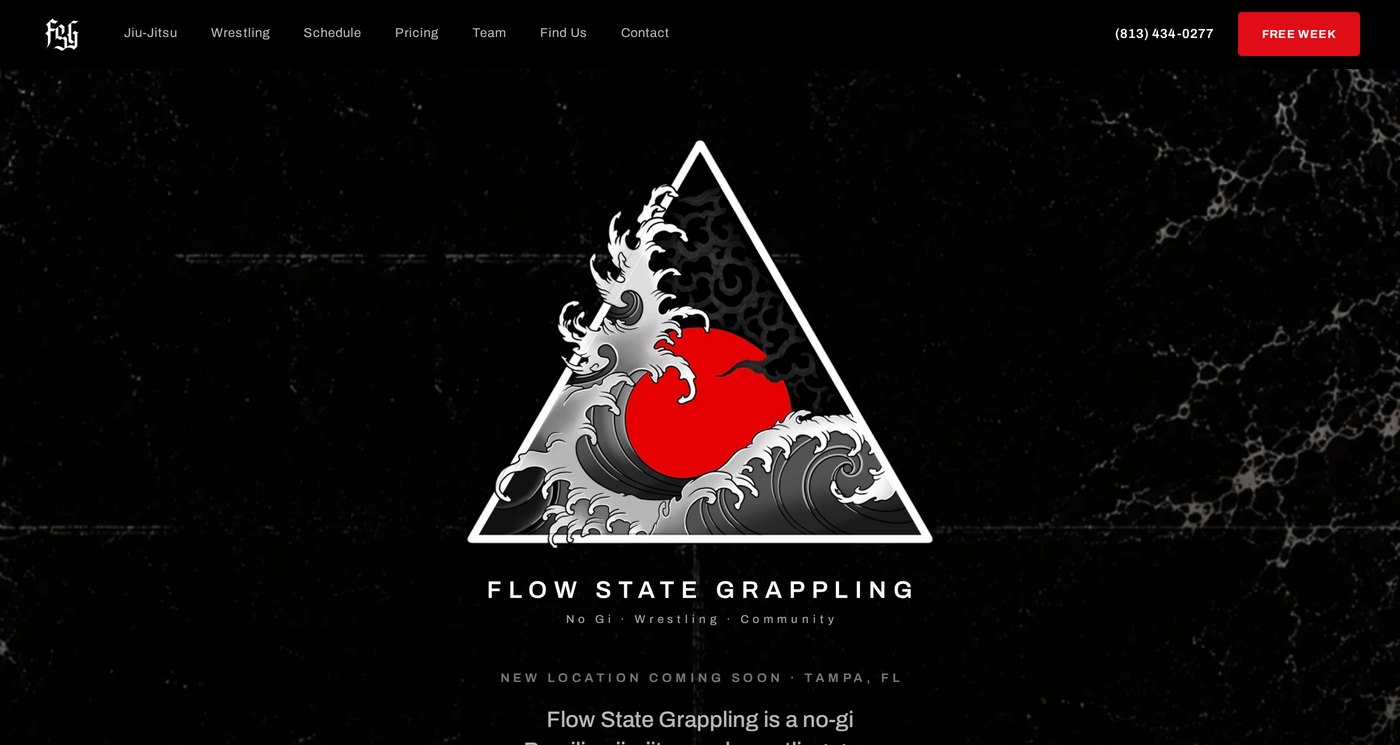 The Flow State Grappling homepage: a black site with a white triangle and red sun mark, headed 'Flow State Grappling — No Gi, Wrestling, Community'.