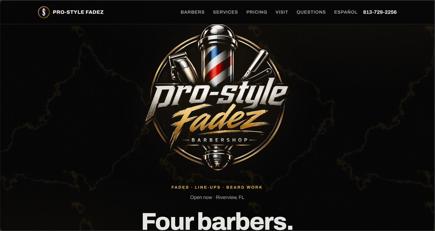 The Pro-Style Fadez homepage: a black and gold barbershop site headed 'Four barbers. 61 years between them.'