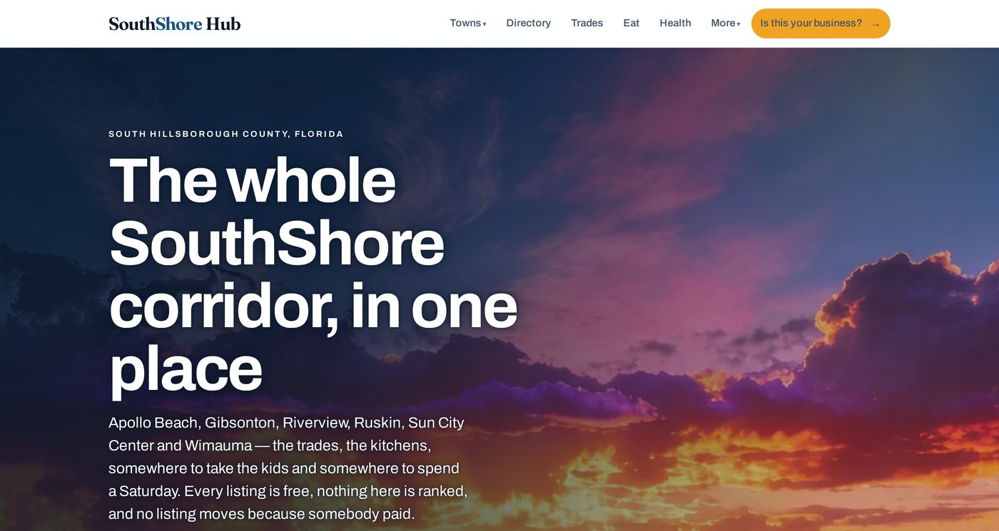 The SouthShore Hub homepage: a sunset over the bay headed 'The whole SouthShore corridor, in one place', with navigation for Towns, Directory, Trades, Eat and Health.