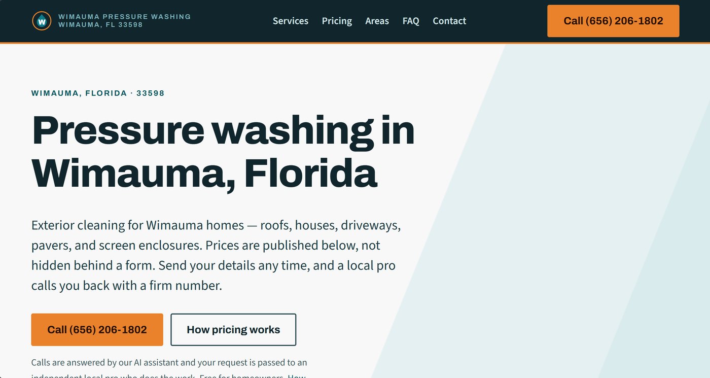 The Wimauma Pressure Washing homepage: headline 'Pressure washing in Wimauma, Florida' with published prices and a call button.
